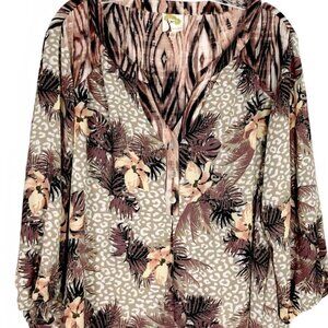 Figuero&flower Brown Button Fall Leaves boho Oversize Animal Print tunic Top S
